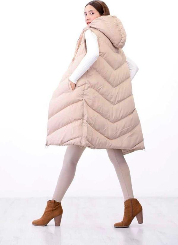 Winmoda Bej Kadın Kapüşonlu Uzun Yelek Yan Yırtmaçlı - Image 1