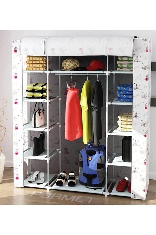 Yükselen Ticaret Güçlendirilmiş Çelik Profilli 12 Raf+60 Cm Askılık Çift Yandan Raflı Bez Dolap - Image 1