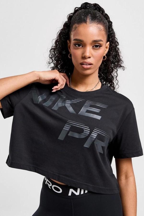 Nike Pro Dri Fit Graphics Loose Fit T-shirt Kadın Crop Büyük Beden Günlük Tişört Siyah - Image 1