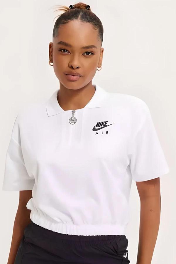 Nike Air Pique Polo Crop Tee Loose Fit Bol Kesim Polyester Kısa Tişört Beyaz - Image 1
