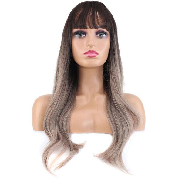 Doğal Dalgalı Perçemli Fiber Sentetik Uzun Boy Peruk - Koyu Kumral / Rus Kumralı Ombre ve Röfleli - Image 1