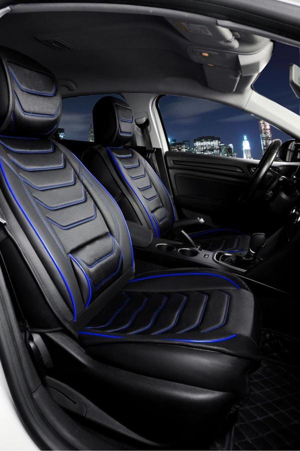 Ford Connect 2+1 Parçalı Lüx Deri Oto Koltuk Kılıfı Ön Arka Takım Eagle SİYAH MAVİ - Image 1