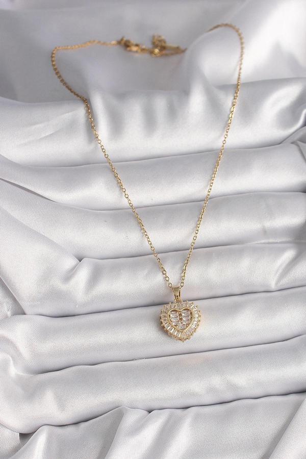 Zarif Kadın için Golden Çelik Zincir Zirkonlu Kalp Tip Kolye - Image 1