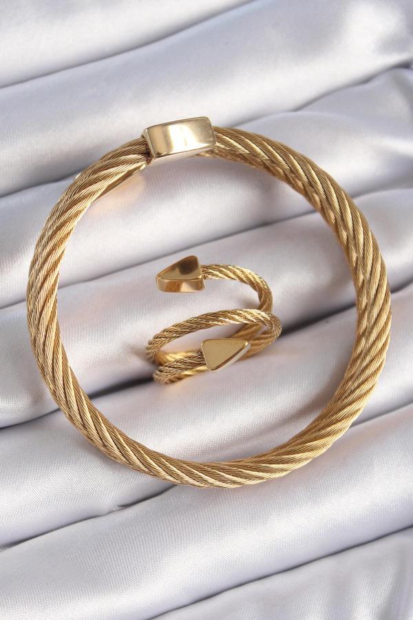 Bakımlı Erkek için Golden Çelik Sarmal Bileklik Yüzük Seti - Image 1