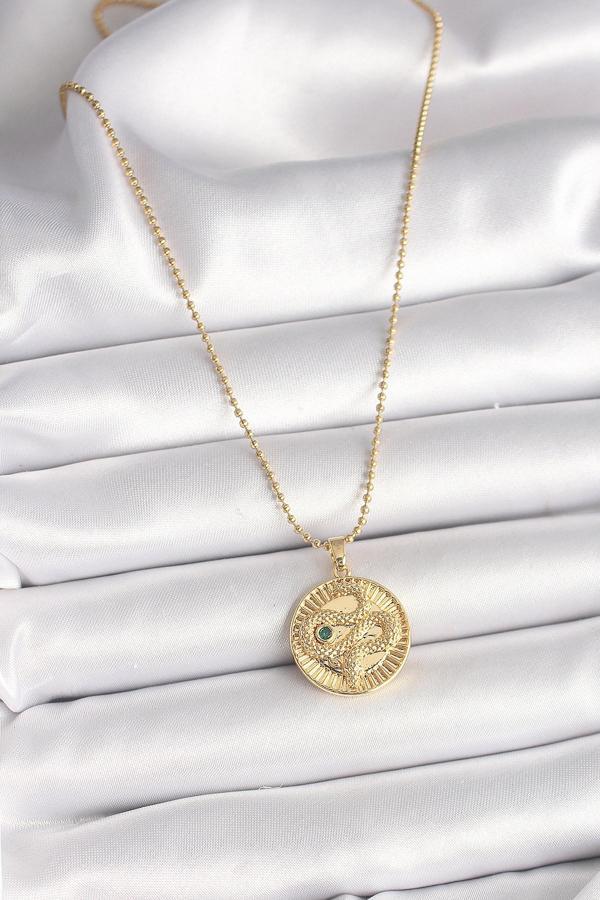 Zarif Kadın için Golden Çelik Topçuk Zincir Yılan İşli Zirkon Madalyon Biçimli Kolye - Image 1