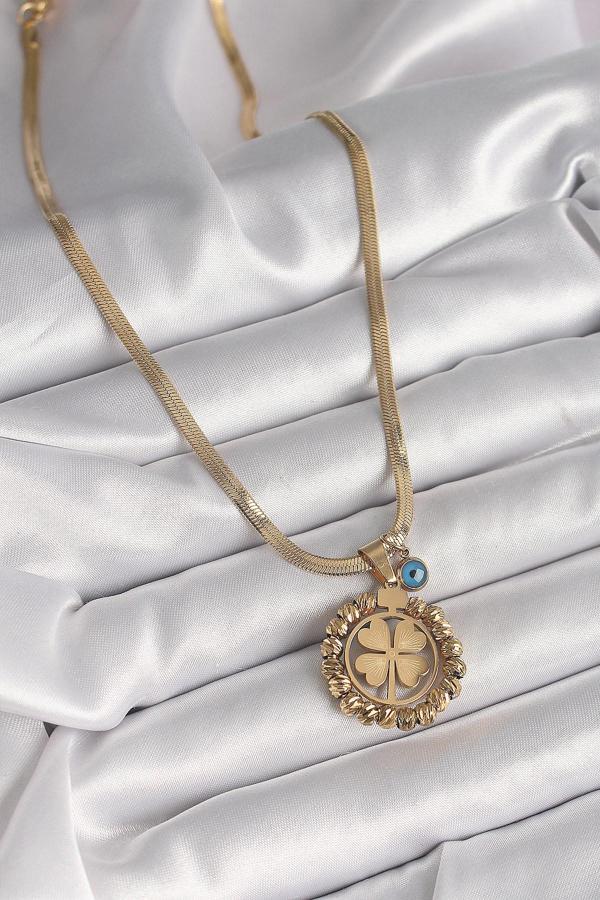 Zarif Kadın için Golden Çelik İtalyan Zincir Dorika Yonca Nazarlıklı Biçimli Kolye - Image 1