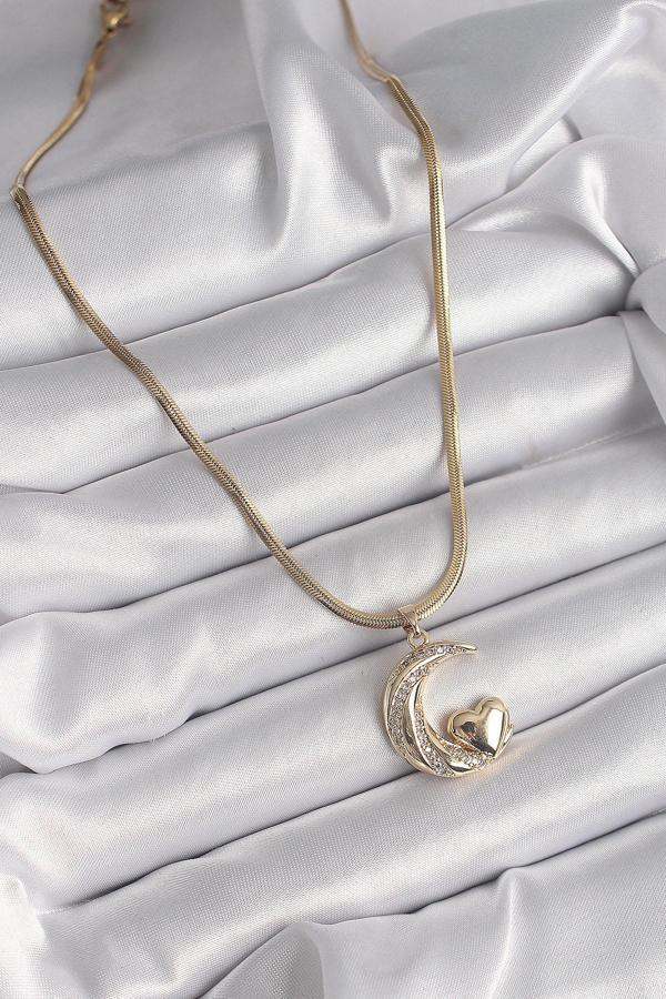 Zarif Kadın için Golden Çelik İtalyan Zincir Zirkonlu Halil Kalp Kolye - Image 1