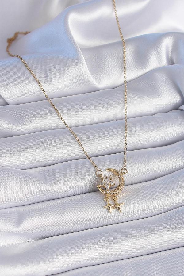 Zarif Kadın için Golden Çelik Zincir Zirkonlu Hilal Yıldız Kolye - Image 1