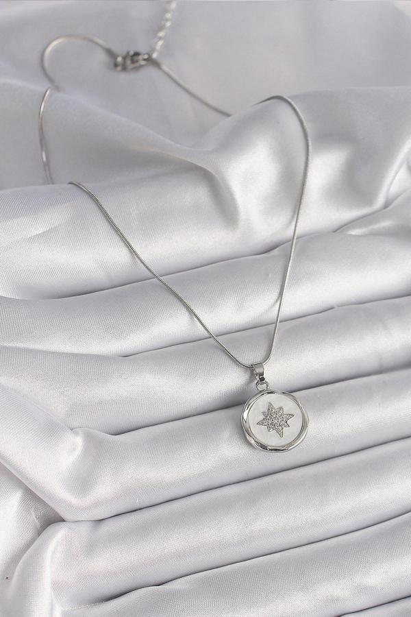 Zarif Kadın için Silver Çelik Zincir Ak Sedef Zirkon Yıldızlı Kolye - Image 1