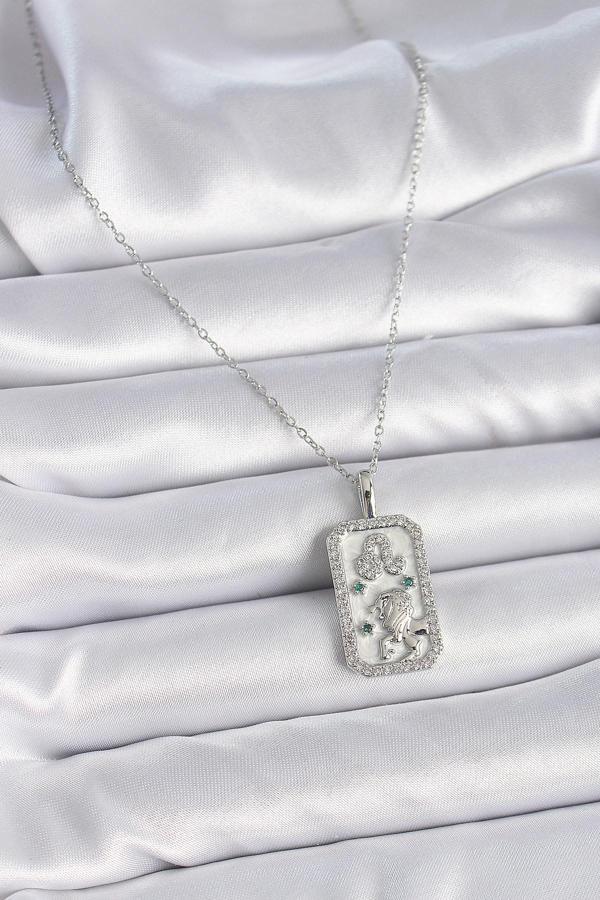 Zarif Kadın için Silver Çelik Zincir Aslan Burcu Zirkonlu Kolye - Image 1