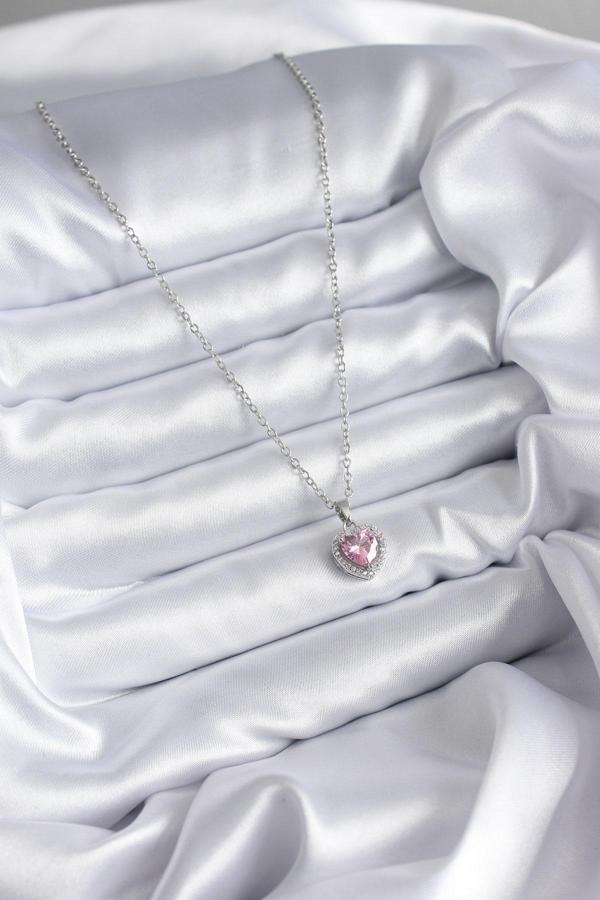 Zarif Kadın için Silver Çelik Zincir Pembe Zirkonlu Charm Kolye - Image 1