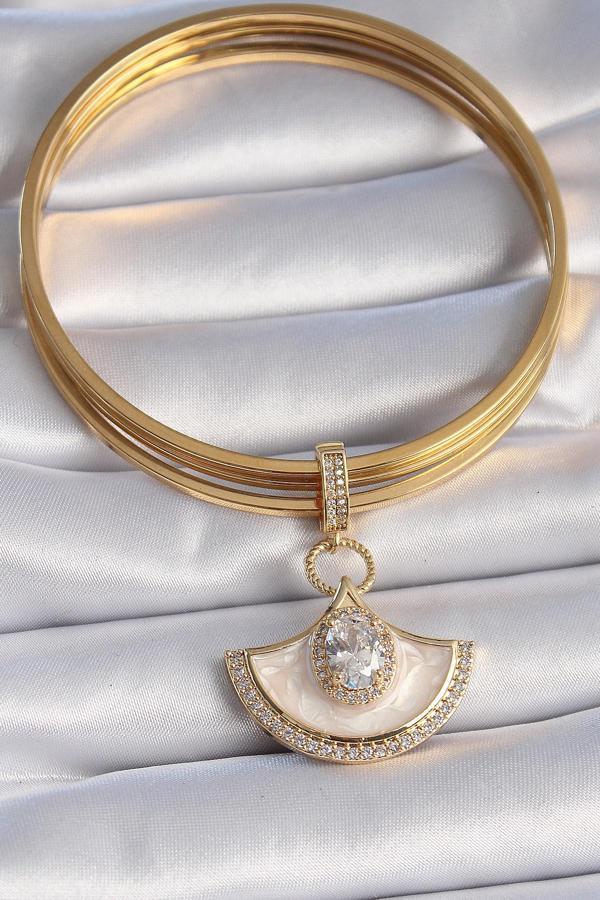 Zarif Kadın için Golden Pirinç Zirkonlu Beyaz Mineli Ajda Charm - Image 1