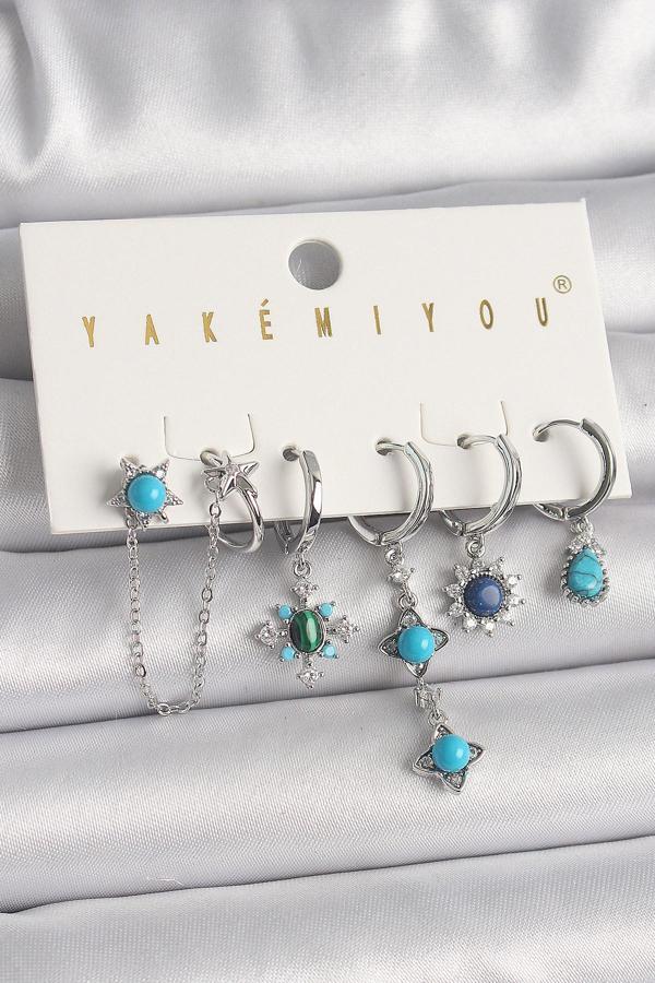 Zarif Kadın için Silver Pirinç Zirkon Mavi Boncuk Çiçek Küpe - Image 1