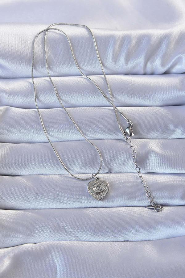 Zarif Kadın için Silver Çelik Zirkonlu İşli Göz Kalp Kolye - Image 1