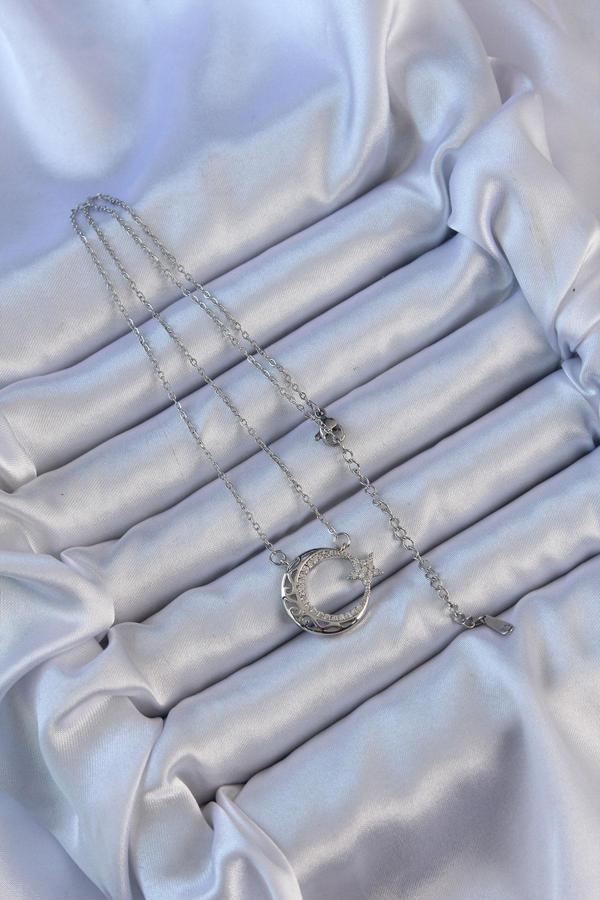 Zarif Kadın için Silver Çelik Zincir Zirkonlu Motifli Ayyıldız Kolye - Image 1