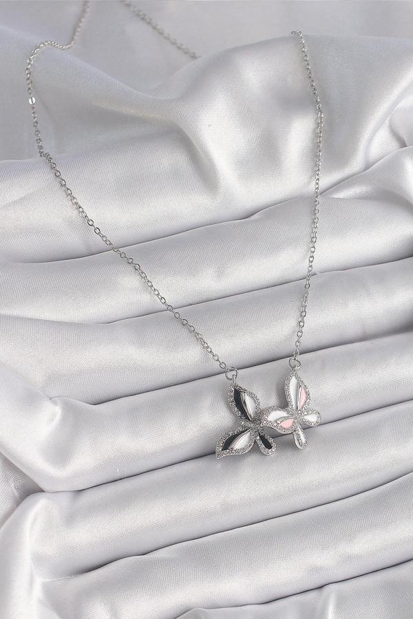 Zarif Kadın için Silver Çelik Zincir Zirkonlu Renkli Kelebek Kolye - Image 1