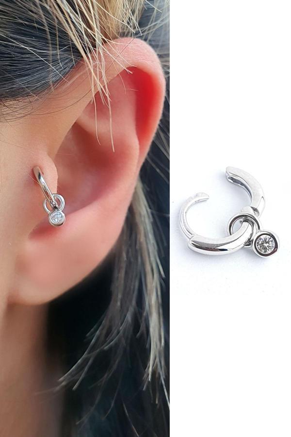 Zirkon Taş Detaylı 925ayar Gümüş Tragus Kıkırdak Helix Halka Piercing - Image 1