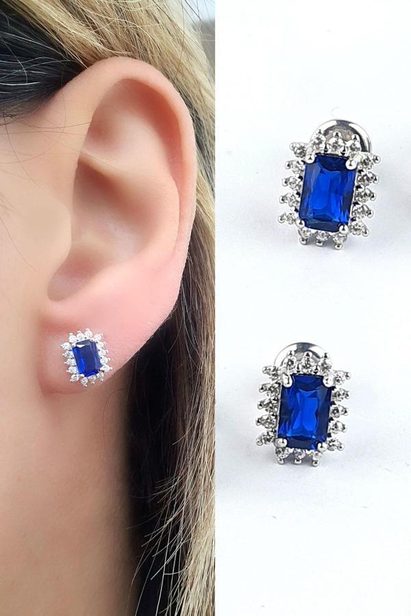 SKY DİAMOND BLUE Creative Sapphire 925ayar Gümüş Baget Tek Taş Küpe - Image 1