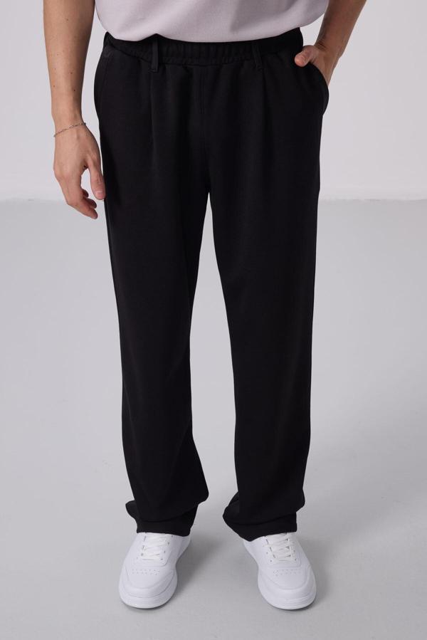 Siyah Yüzeyi Dokulu Rahat Form Palazzo Erkek Pantolon - 82163 - Image 1