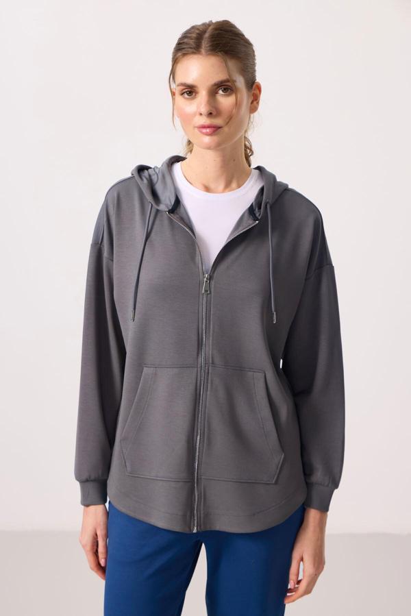 Koyu Gri Yumuşak Dokulu Kapüşonlu Oversize Kadın Tunik Sweatshirt - 97302 - Image 1