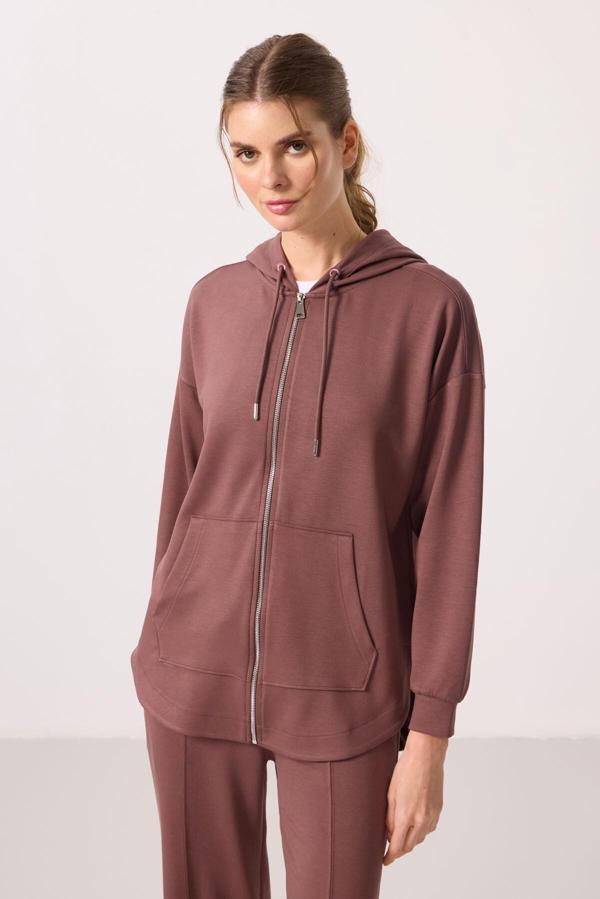 Kahverengi Yumuşak Dokulu Kapüşonlu Oversize Kadın Tunik Sweatshirt - 97302 - Image 1