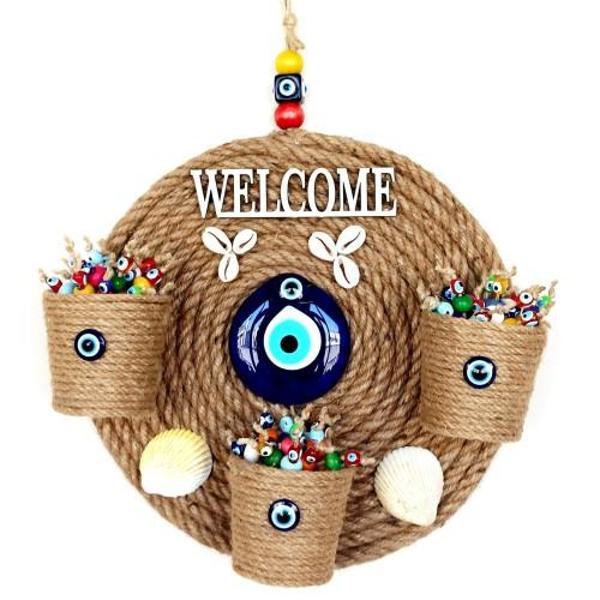 Üç Saksılı Welcome Yazılı Deniz Kabuklu Nazar Boncuklu Hasır Kapı Süsü - Image 1