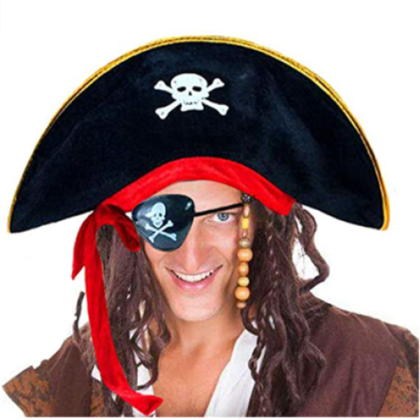 Yetişkin Boy Kadife Kaptan Jack Sparrow Korsan Şapkası ve Plastik Korsan Göz Maskesi - Image 1