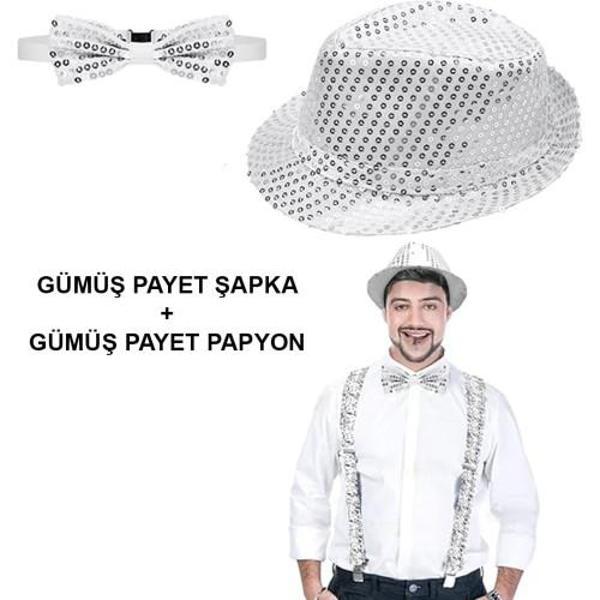 Gümüş Payetli Şapka ve Papyon Seti – Parıltılı Yetişkin Kostüm Seti - Image 1