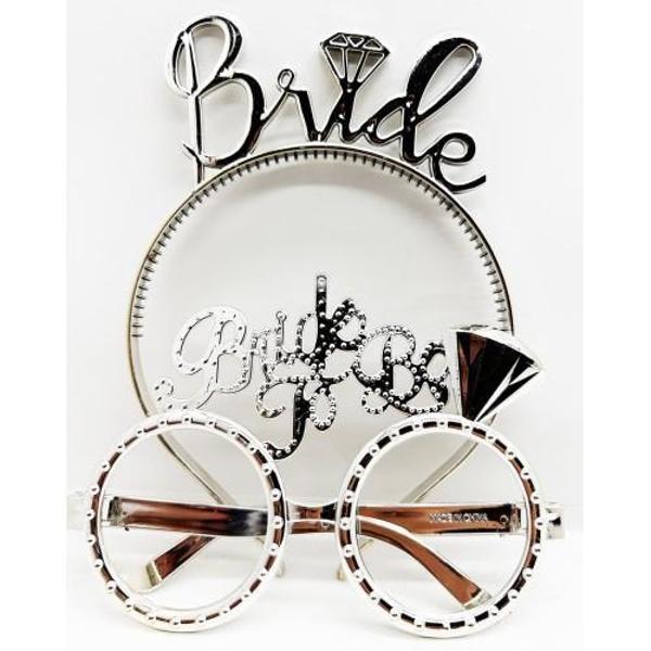 Bride Yazılı Taç ve Bride To Be Yazılı Gözlük Seti Gümüş Renk - Image 1