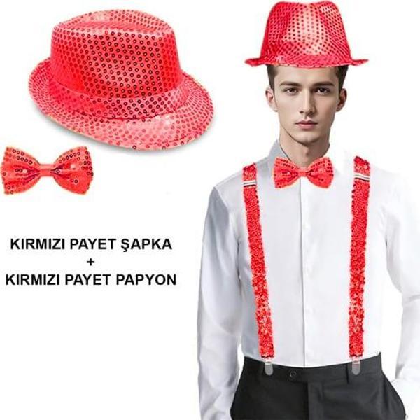 Kırmızı Payetli Şapka ve Papyon Seti – Parıltılı Yetişkin Kostüm Seti - Image 1