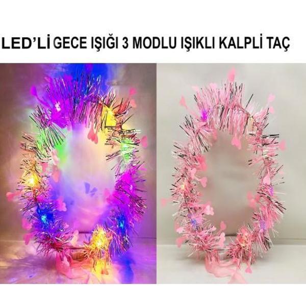 Kalp Püsküllü 3 Modlu LED Işıklı Taç Pembe Renk - Image 1