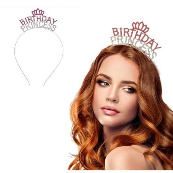 Kristal Taşlı Birthday Princess Yazılı Parti Tacı Pembe Renk - Image 1