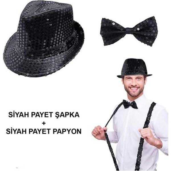 Siyah Payetli Şapka ve Papyon Seti – Parıltılı Yetişkin Kostüm Seti - Image 1