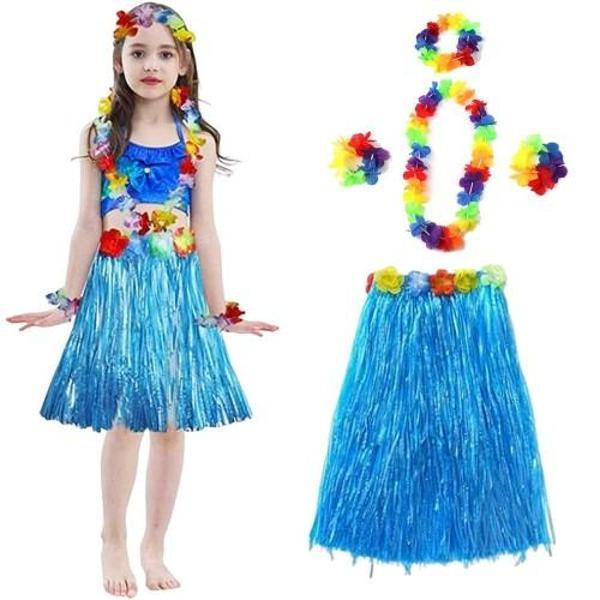 Yetişkin ve Çocuk Uyumlu Hawaii Luau Aloha Mavi Püsküllü Etek Kolye Taç ve 2 Adet Bileklik Seti - Image 1