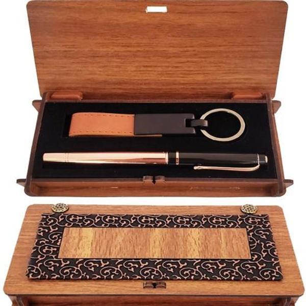 Ahşap Kutulu Bakır Roller Kalem ve Taba Anahtarlık Set Hediyelik - Image 1