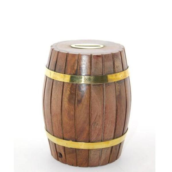 Pirinç Ahşap Fıçı Kumbara 12.5 Cm - Image 1