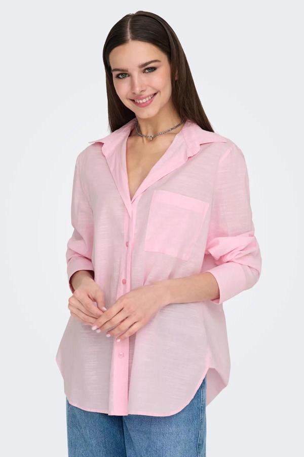 Only Kadın Onlsalına Tek Cep Detaylı Önü Kısa Arkası Uzun %100 Pamuk Gömlek 15335255 Pembe - Image 1