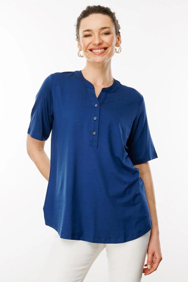 Desen Triko Kadın Yakası Düğmeli Penye T-Shirt 25764 Indigo - Image 1