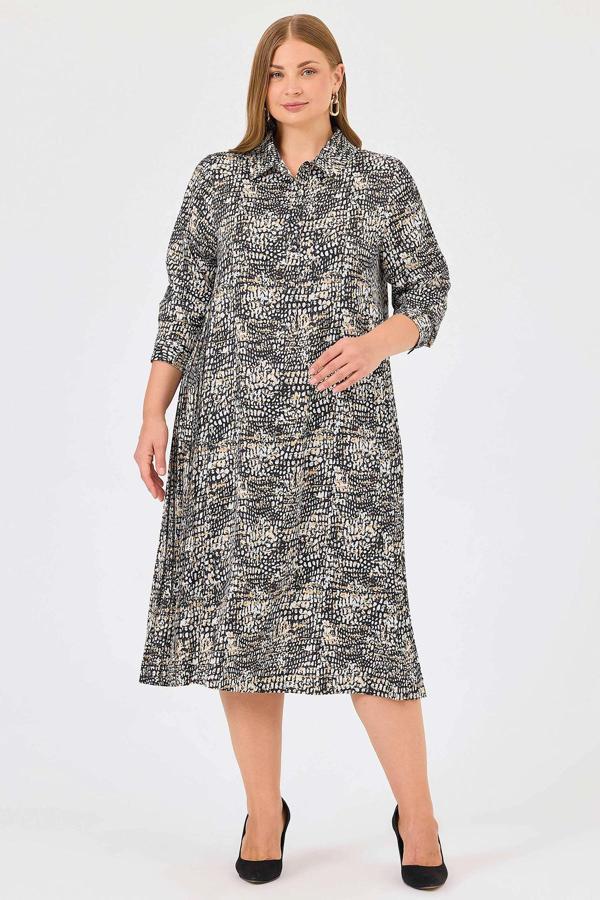 Galaxi Kadın Büyük Beden Desenli Gömlek Yaka Elbise 4012 Siyah - Image 1