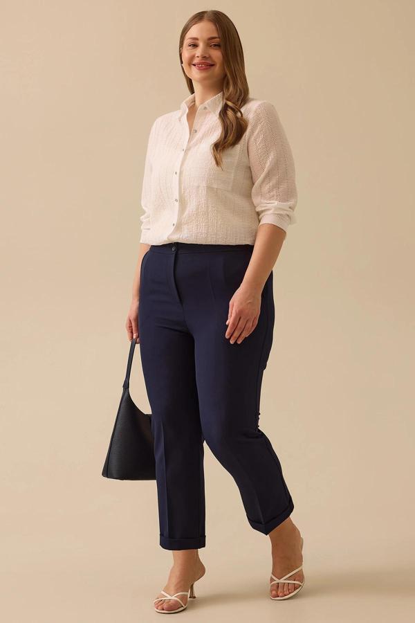 Galaxi Kadın Büyük Beden Beli Büzgülü Duble Paça Pantolon 4027 Lacivert - Image 1