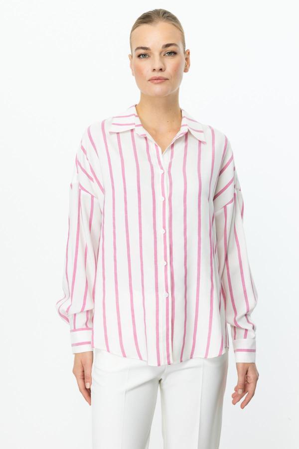 Ekol Kadın Çizgili Önü Düğmeli Gömlek 3110 Pink - Image 1