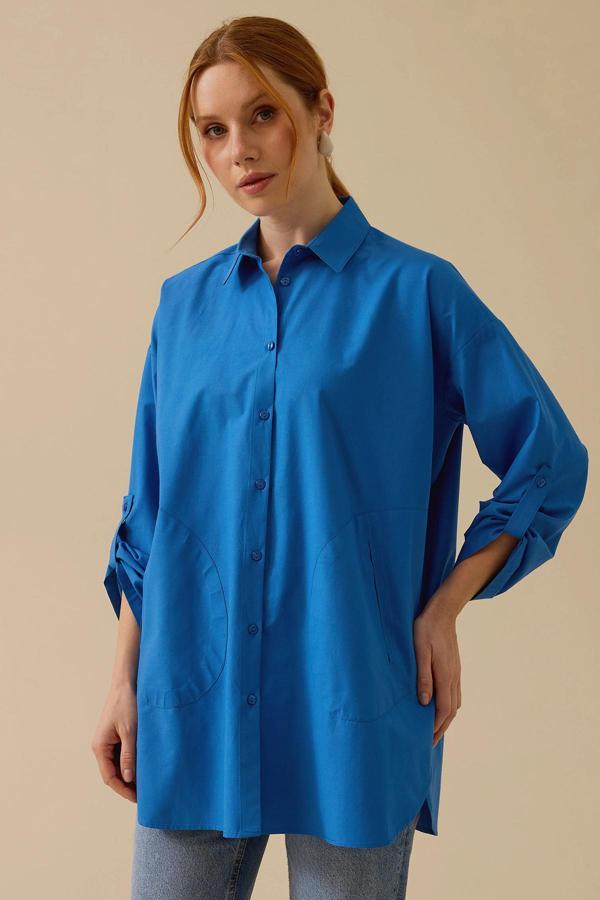 Seçil Kadın Katlanabilir Kollu Oversize Gömlek 0012 Mavi - Image 1