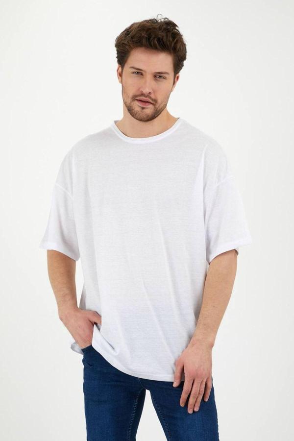 Jakarlı Erkek Oversize Baskılı Pamuklu Bisiklet Yaka Kısa Kollu T-Shirt - Image 1