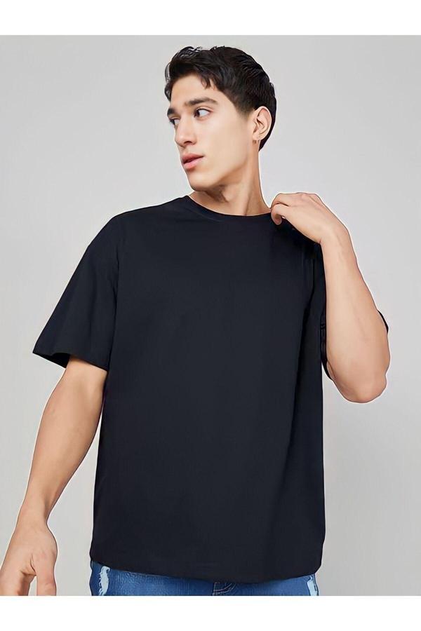 Oppoceite Erkek/Kadın Unisex Siyah Oversize Bisiklet Yaka Tişört - Image 1