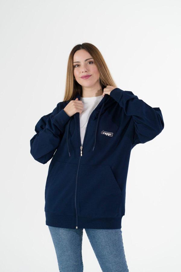 Drappe Lyon Unısex Kapşonlu Kanguru Cepli Fermuarlı Sweatshirt (Baskı) Lacivert - Image 1