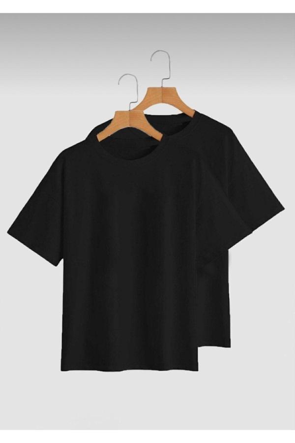 Jakarlı Unisex Siyah 2’Li Hazır Paket Oversize T-Shirt - Image 1