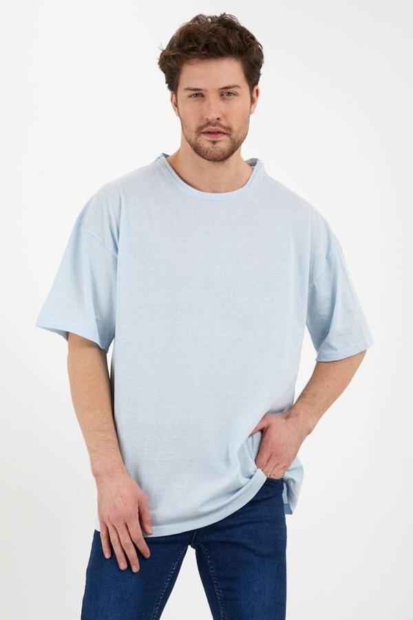 Jakarlı Unisex Pamuk Bisiklet Bebe Mavisi Oversize T-Shirt - Image 1