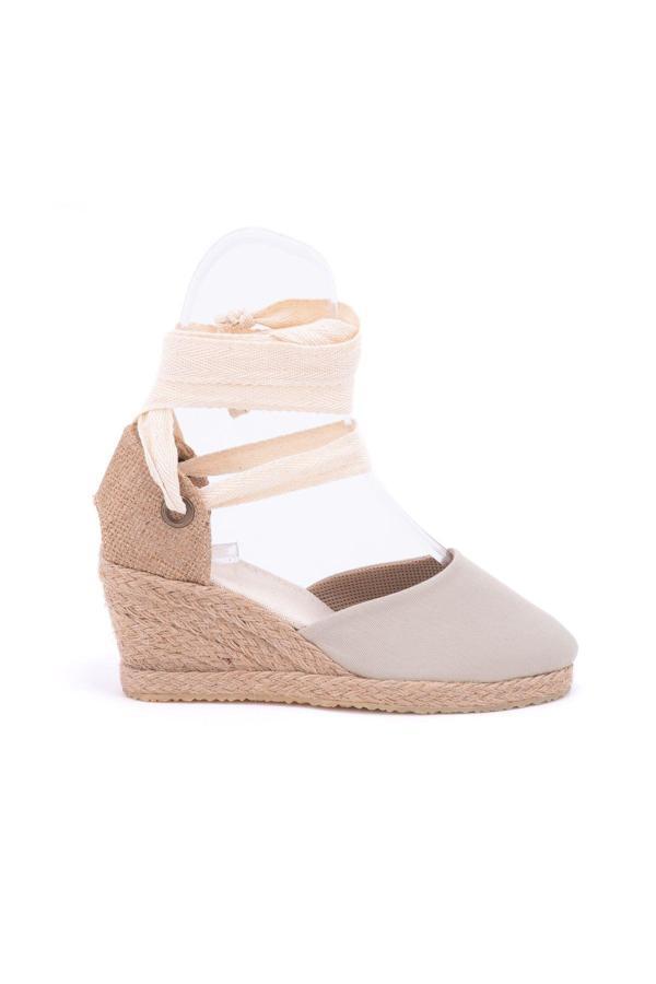 Gerçek Elişi Ipli Bej Hasır Dolgu Topuk  Keten Hasır Espadril Handmade - Image 1