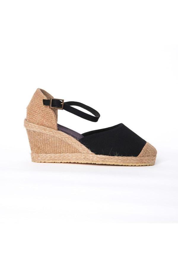 Gerçek Elişi Siyah Bilekten Bantlı Topuğu Açık Keten Espadril Dolgu Topuk Handmade - Image 1