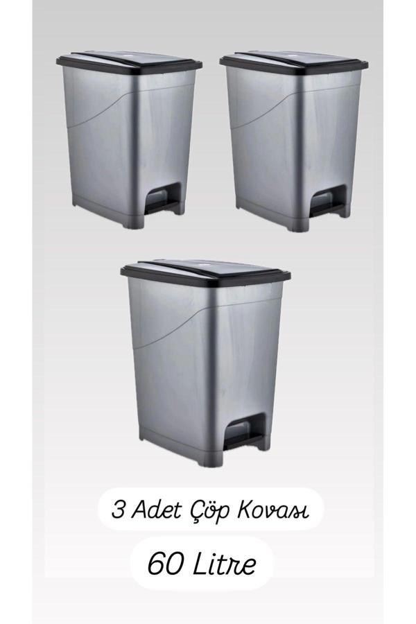Mck Plus 3 Adet 60 Litre Slim Pedallı Çöp Kovası 60 Litre & Büyük Boy Pedallı Çöp Kovası Gri - Image 1